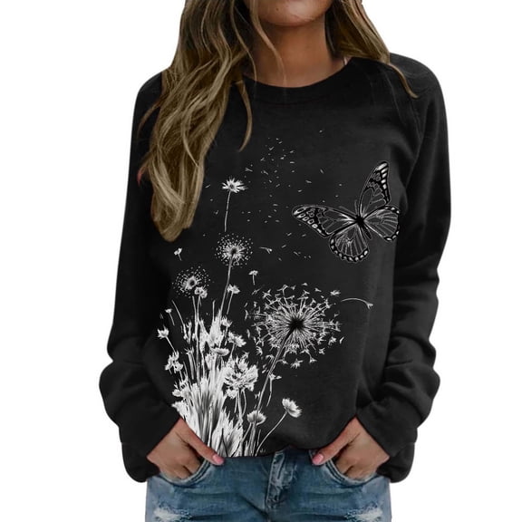 Fiaer,Women's Crew Neck Sweatshirts Loose Fit Dandelion Animal Printed Plus Size Pullover Long Sleeve Casual Trendy No Hooded Hoodies Black XXL