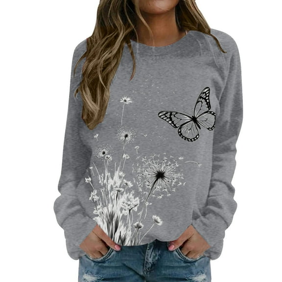 Fiaer,Women's Crew Neck Sweatshirts Loose Fit Dandelion Animal Printed Plus Size Pullover Long Sleeve Casual Trendy No Hooded Hoodies Grey XXL