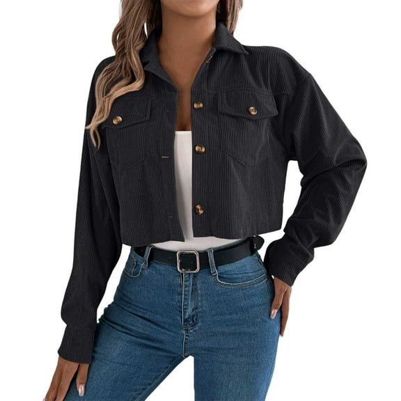 Fiaer Women's Cropped Shacket Jacket Button down Corduroy Shirts Casual Long Sleeve Loose Fit Lapel Collared Tops Black XL