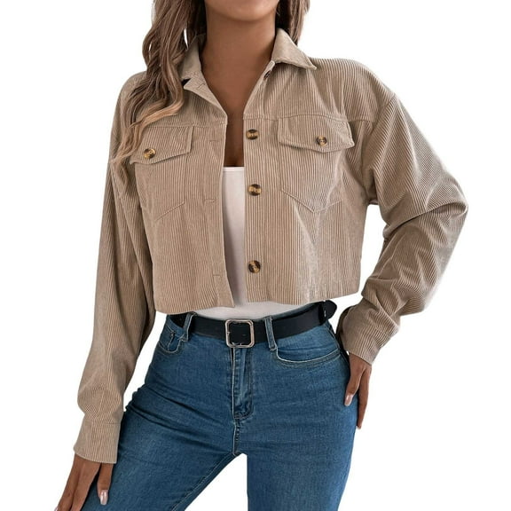 Fiaer Women's Cropped Shacket Jacket Button down Corduroy Shirts Casual Long Sleeve Loose Fit Lapel Collared Tops Khaki S