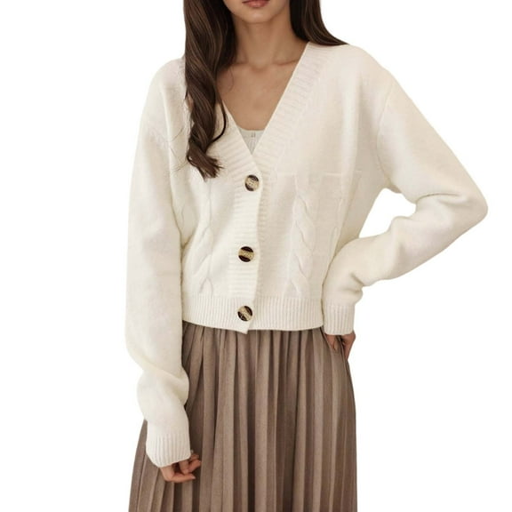 Fiaer Women's Cropped Sweaters Long Sleeve Button down V Neck Fashion Solid Warm Loose Fit Tops Beige One Size