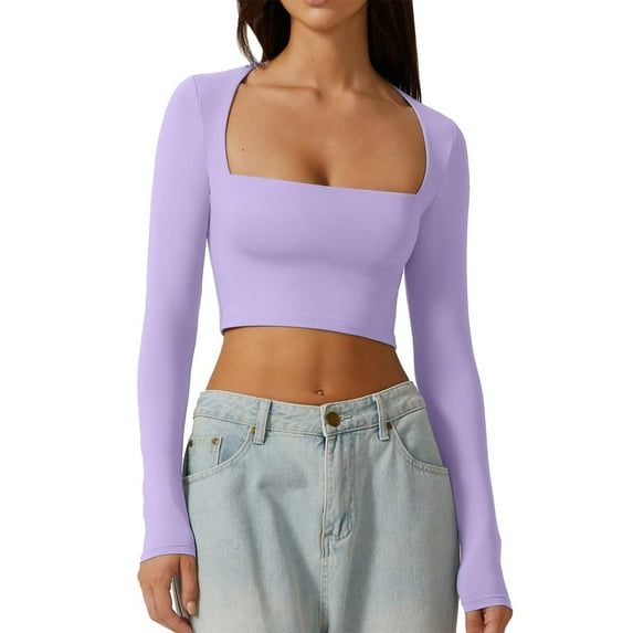 Fiaer Women's Cropped Undershirts Long Sleeve Tshirts Slim Fit T Shirts Trendy Square Neck Comfort Solid Color Tops Purple L