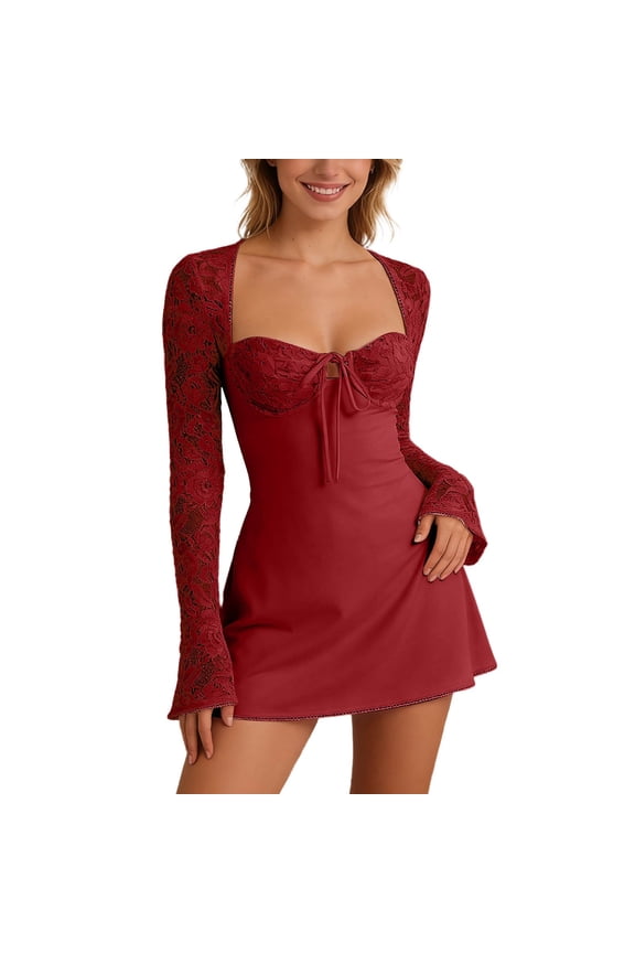 Women 's Elegant Bodycon Dress Lace Patchwork Long Sleeve Low Cut Mini Dress Backless Tie-Up Going out Dress Red M