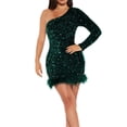 thumbnail image 1 of Fiaer Women's Elegant Sequins Mini Dresses with Feather Hem One Shoulder Bodycon Birthday Party Club Night Mini Dress Green XXL, 1 of 4