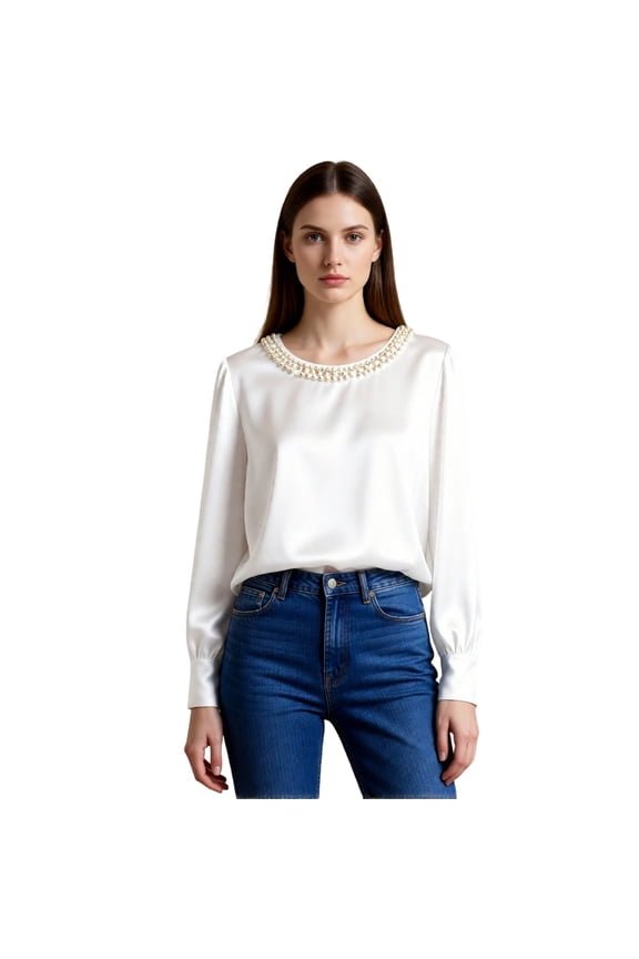 Women's Elegant Synthetic Pearl Crew Neck Satin T Shirts Fashion Crew Neck Blouse Pearl Dressy Tops for Business Casual White XXL