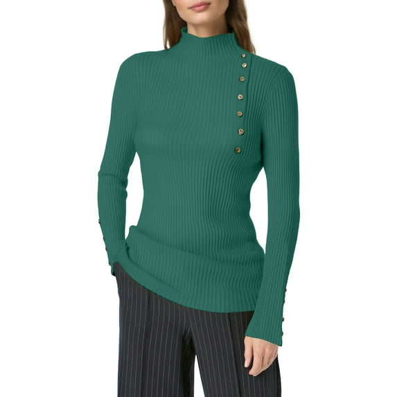 Fiaer Women's Fall Fashion Sweater 2025 Long Sleeve Crew Neck Button Stretch Business Casual Work Slim Fit Tops Green L