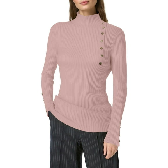 Fiaer Women's Fall Fashion Sweater 2025 Long Sleeve Crew Neck Button Stretch Business Casual Work Slim Fit Tops Pink M