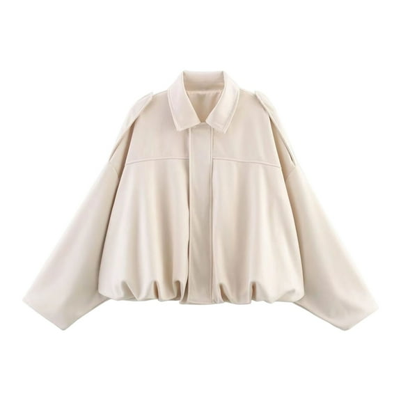 Fiaer Women's Faux Bomber Jacket Oversized Fall Lapel Collared Tops Full Zip up Loose Fit Motorcycle Streetwear Outerwear White XXL