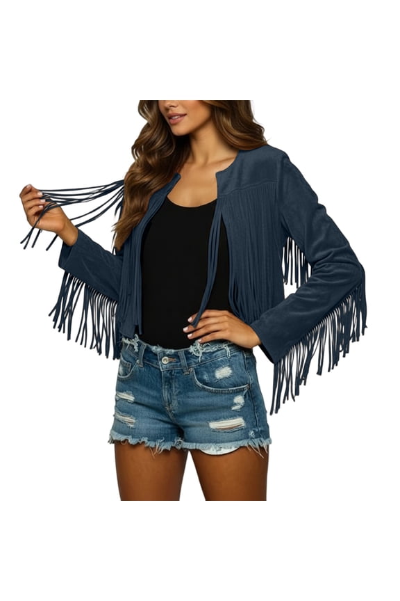 Women's Leather Moto Cropped Jacket Plus Size Long Sleeve Loose Fit Fashion Casual Tops with Tassels Blue XXL