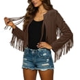 thumbnail image 1 of Fiaer Women's Leather Moto Cropped Jacket Plus Size Long Sleeve Loose Fit Fashion Casual Tops with Tassels Coffee XXL, 1 of 5