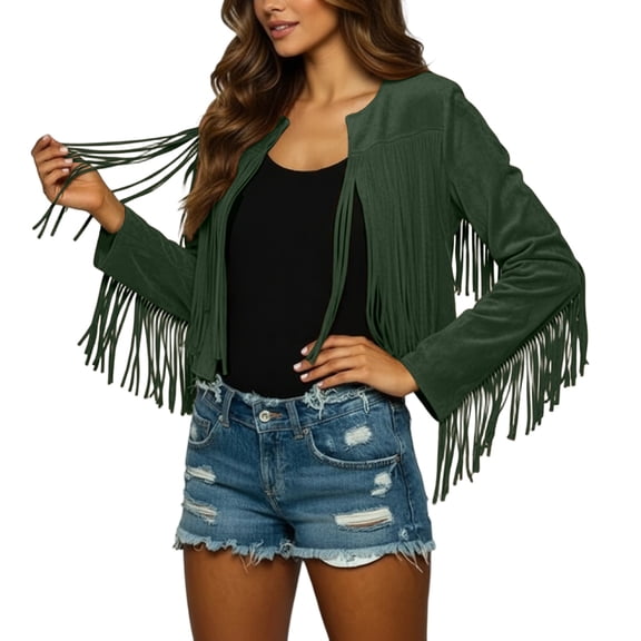 Fiaer Women's Leather Moto Cropped Jacket Plus Size Long Sleeve Loose Fit Fashion Casual Tops with Tassels Green S