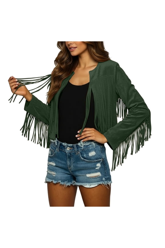 Women's Leather Moto Cropped Jacket Plus Size Long Sleeve Loose Fit Fashion Casual Tops with Tassels Green S