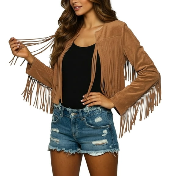 Fiaer Women's Leather Moto Cropped Jacket Plus Size Long Sleeve Loose Fit Fashion Casual Tops with Tassels Khaki XL