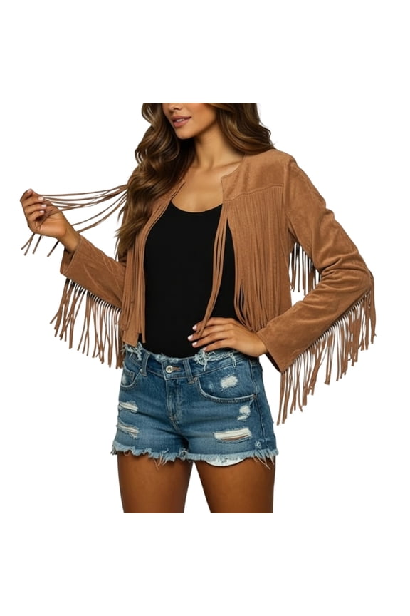 Women's Leather Moto Cropped Jacket Plus Size Long Sleeve Loose Fit Fashion Casual Tops with Tassels Khaki XL