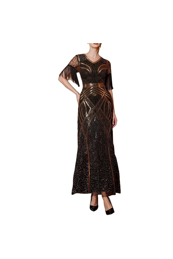 Fiaer Women's Flapper Dress 1920s V-Neck Evening Gown Sequin Beaded Maxi Dress for Wedding Black Gold Black M