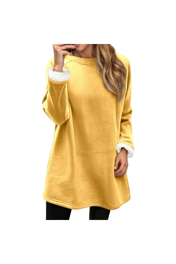 ,Women's Crew Neck Loose Fit Plus Size Long Sweatshirts Long Sleeve Warm Casual Trendy Solid Pullovers Breathable Fall Tops Yellow XL
