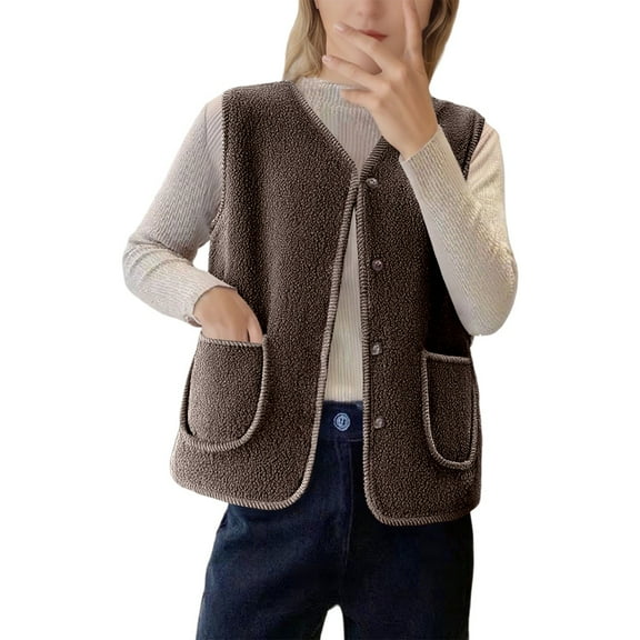 Fiaer Women's Fleece Fuzzy Vest Winter Warm V Neck Sleeveless Lightweight Casual Oversized Button down Tops with Pocket Coffee XXXL