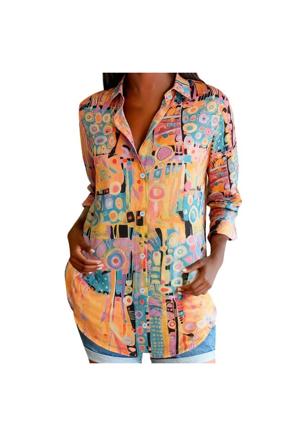 Women's Floral Flowers Printed Button down Shirts Casual Long Sleeve Stylish Tops V Neck Casual Holiday Blouses 03-Multicolour L