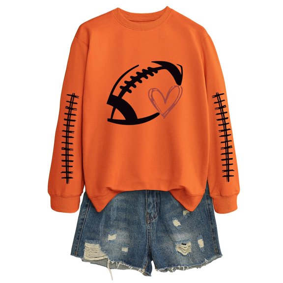 Fiaer Women's Football Graphic Sweatshirt Long Sleeve Crewneck Fall Trendy Pullover Loose Fit Warm Tops Orange XXL