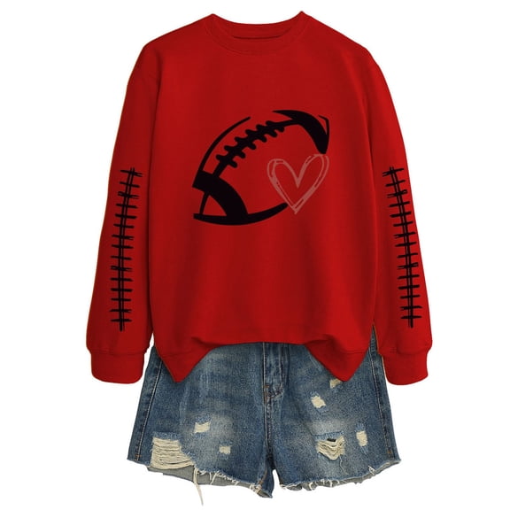 Fiaer Women's Football Graphic Sweatshirt Long Sleeve Crewneck Fall Trendy Pullover Loose Fit Warm Tops Red XL