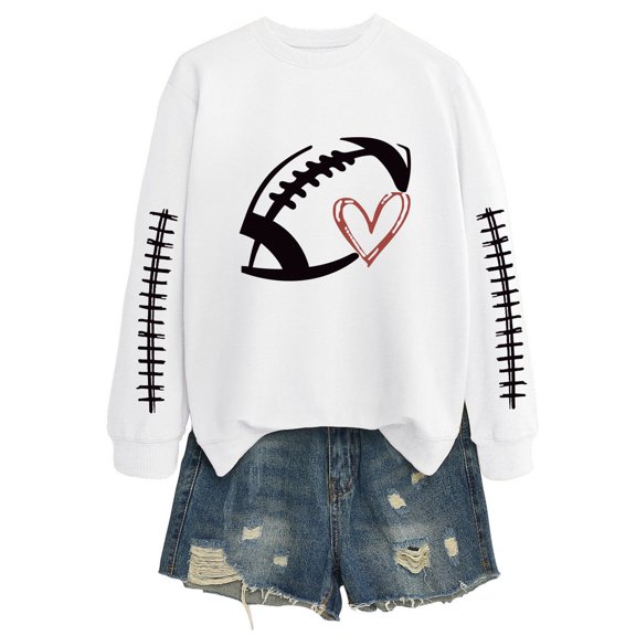 Fiaer Women's Football Graphic Sweatshirt Long Sleeve Crewneck Fall Trendy Pullover Loose Fit Warm Tops White XXL