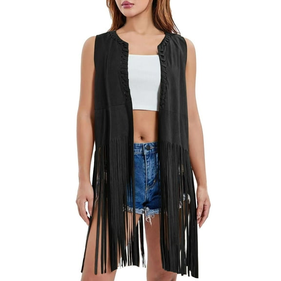 Fiaer Women's Fringe Vest 70s Hippie Suede Sleeveless Tassel Long Cardigan Jacket Oversized Western Tops Black L