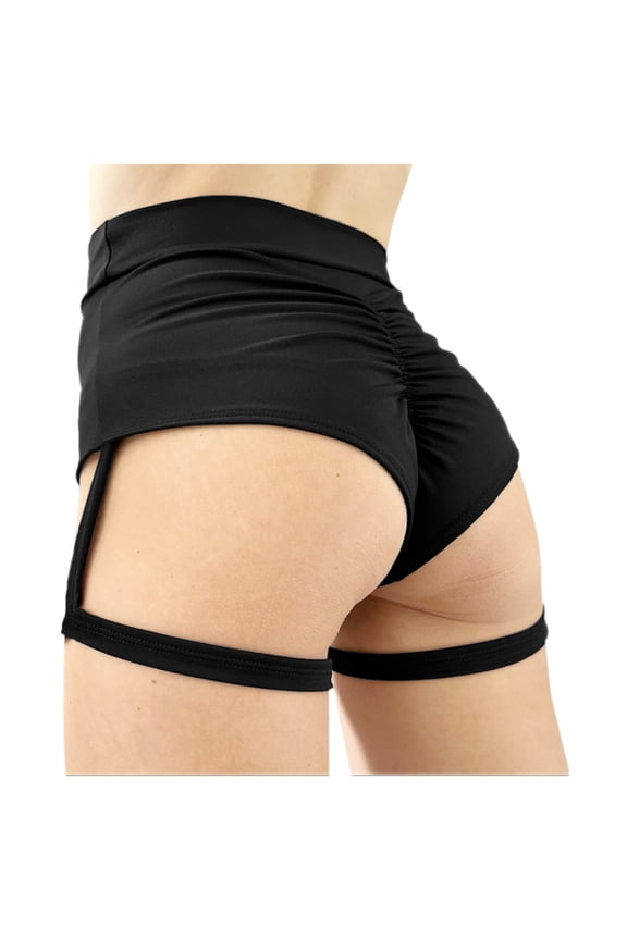 Women's High Waist Yoga Shorts with Garters Booty Dance Cheeky Hot Pants Gym Workout Active Lifting Sports Leggings Black M