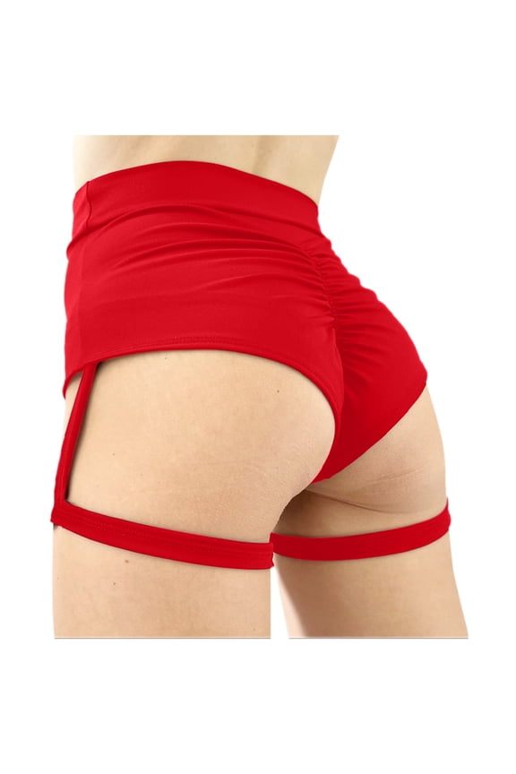 Women's High Waist Yoga Shorts with Garters Booty Dance Cheeky Hot Pants Gym Workout Active Lifting Sports Leggings Red M