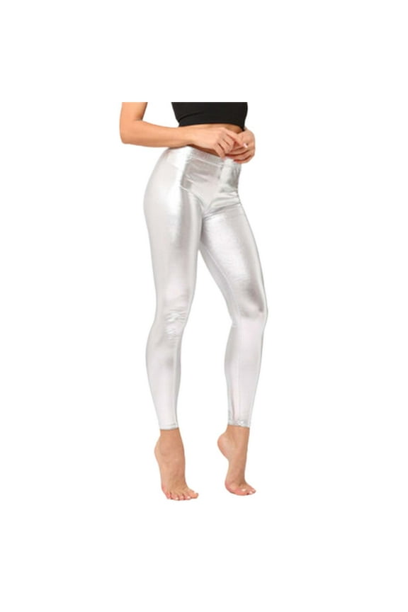 Women's High Waisted Yoga Pants Tummy Control Shiny Sports Tights Workout Leggings Plus Size Slim Fit Trousers Silver M