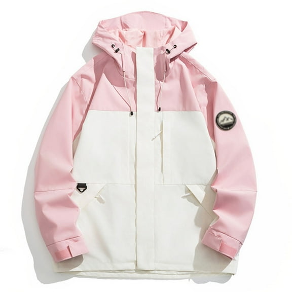 Fiaer Women's Hooded Rain Jacket Outdoor Raincoat Windbreaker Oversized Windproof Full Zip up Color Blocking Tops for Hiking and Casual Wear Pink XXXL
