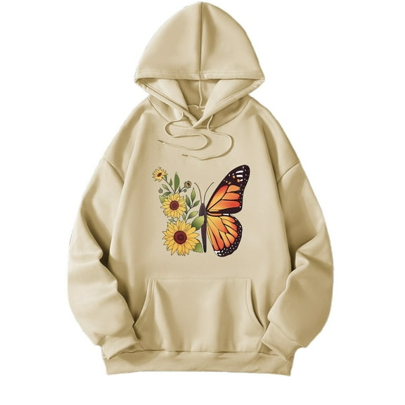 Fiaer Women's Hoodies Floral Printed Oversized Hooded Sweatshirts Long Sleeve Drawstring Drop Shoulder Baggy Tops with Pcoket Beige M