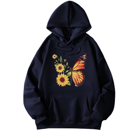 Fiaer Women's Hoodies Floral Printed Oversized Hooded Sweatshirts Long Sleeve Drawstring Drop Shoulder Baggy Tops with Pcoket Navy S