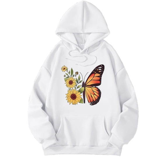 Fiaer Women's Hoodies Floral Printed Oversized Hooded Sweatshirts Long Sleeve Drawstring Drop Shoulder Baggy Tops with Pcoket White S