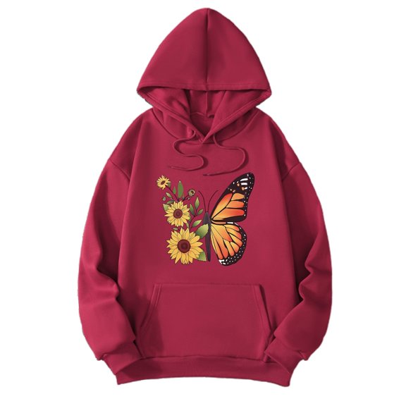 Fiaer Women's Hoodies Floral Printed Oversized Hooded Sweatshirts Long Sleeve Drawstring Drop Shoulder Baggy Tops with Pcoket S