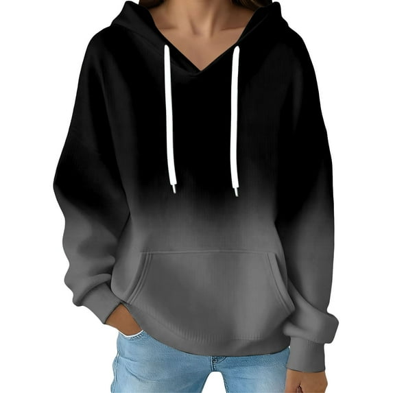 Fiaer Women's Hoodies Oversized Gradient V Neck Long Sleeve Hooded Sweatshirts Drawstring Loose Fit Trendy Pocket Tops Black S