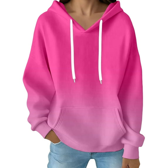 Fiaer Women's Hoodies Oversized Gradient V Neck Long Sleeve Hooded Sweatshirts Drawstring Loose Fit Trendy Pocket Tops Pink L