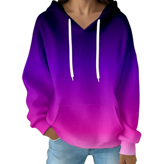 Fiaer Women's Hoodies Oversized Gradient V Neck Long Sleeve Hooded Sweatshirts Drawstring Loose Fit Trendy Pocket Tops Purple XXL