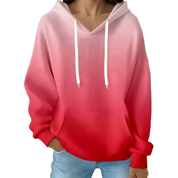 Fiaer Women's Hoodies Oversized Gradient V Neck Long Sleeve Hooded Sweatshirts Drawstring Loose Fit Trendy Pocket Tops Watermelon Red L