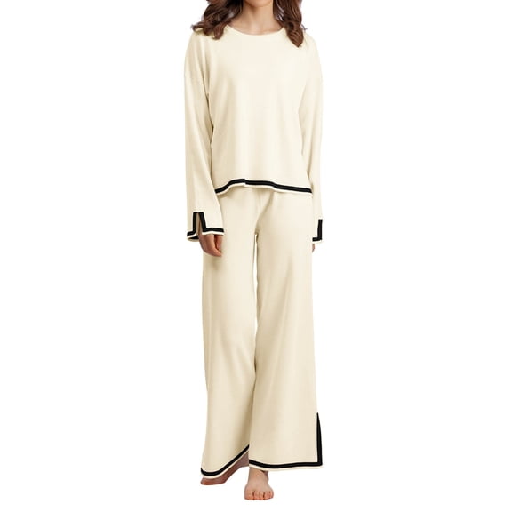 Fiaer,Women's Knit Loose Fit Lounge Wear Sets,2 Piece for Asymmetric Hem Crew Neck Knitted and Palazzo Pants,Ladies Color Blocking Casual Outfits Set Beige S