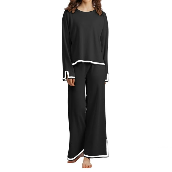 Fiaer,Women's Knit Loose Fit Lounge Wear Sets,2 Piece for Asymmetric Hem Crew Neck Knitted and Palazzo Pants,Ladies Color Blocking Casual Outfits Set Black S