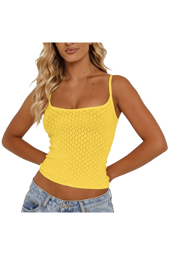 Women's Knit Square Neck Camisole Cutout Stretchy Sleeveless Tank Tops Versatile Everyday Fashion Summer Tops Yellow XL