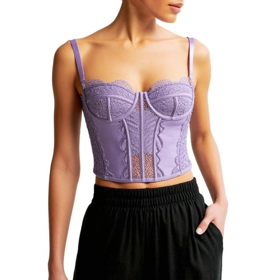 Fiaer Women's Lace Bustier Corset Floral Mesh Crop Cincher Top with Adjustable Straps Boned Bustier Purple XL