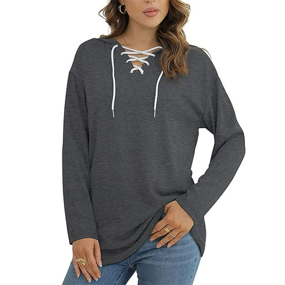 Fiaer,Women's Lace up Loose Fit Hoodies,Plus Size Casual Trendy Hooded Sweatshirts for Women,Solid Color Lightweight V Neck Long Sleeve Tops Deep Gray XXL