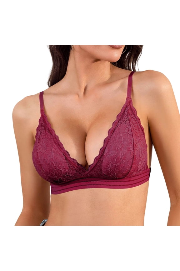 Women's Lace Triangle Bras Wireless Padded Plunge Low Back Bra Deep V Neck Bralettes Red M