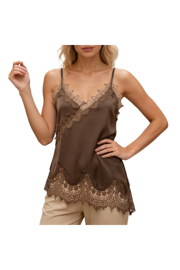 Women's Lace Trim Satin Long Camisole V Neck Sleeveless Adjustable Spaghetti Strap Going out Tank Tops Khaki XL