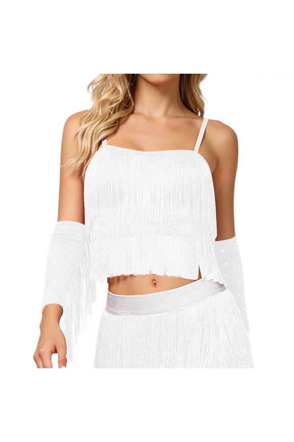 Women's Latin Dance Tank Tops Sequin Fringe Tube Top Belly Dance Outfit with Tassels for Party Club Wear White XL