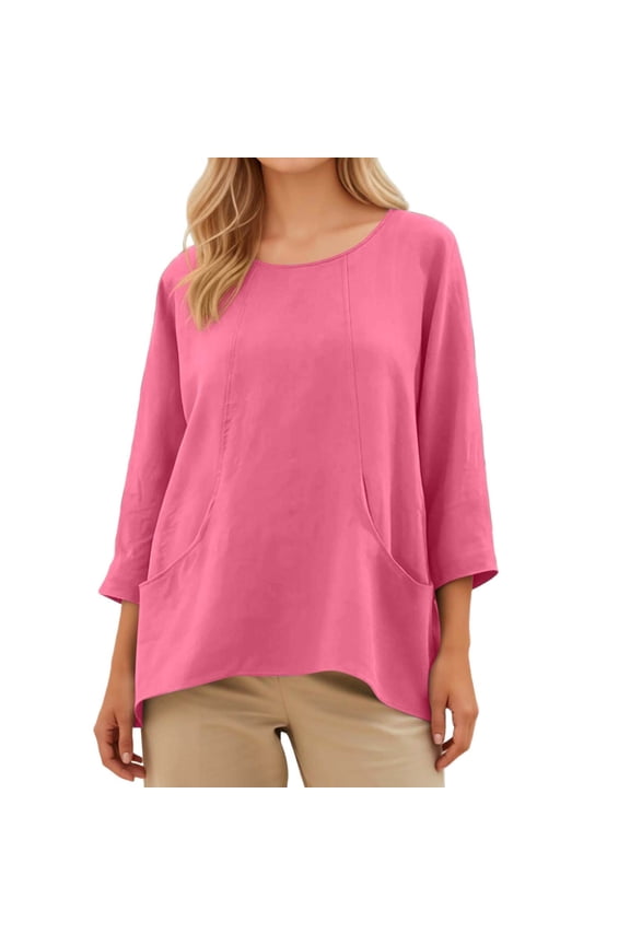 Women's Linen Loose Fit Shirts Fashion 3/4 Sleeve Crewneck Tunic Tops Plain Casual Spring Summer Blouses Red M