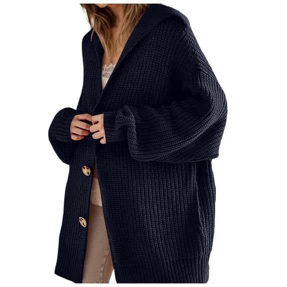 Fiaer Women's Long Cardigan Sweaters Button Down Lapel Collar Pockets Autumn Winter Casual Comfortable V-Neck Knit Tops with Pocket Black L