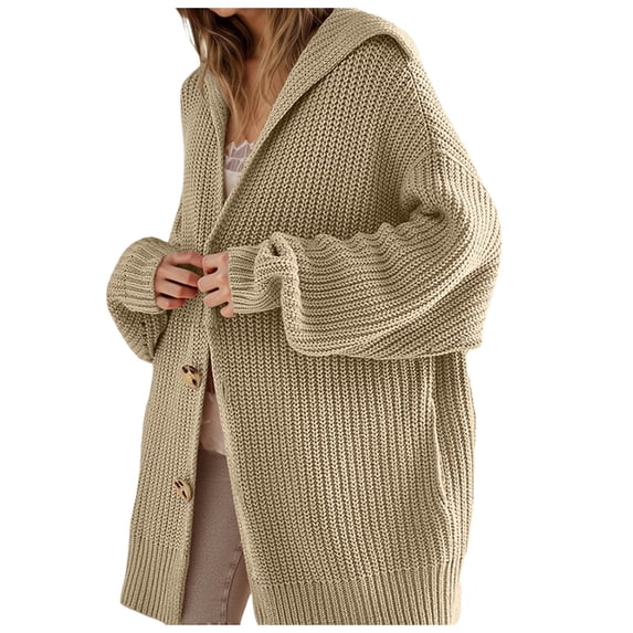 Fiaer Women's Long Cardigan Sweaters Button Down Lapel Collar Pockets Autumn Winter Casual Comfortable V-Neck Knit Tops with Pocket Khaki XL