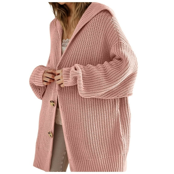 Fiaer Women's Long Cardigan Sweaters Button Down Lapel Collar Pockets Autumn Winter Casual Comfortable V-Neck Knit Tops with Pocket Pink M